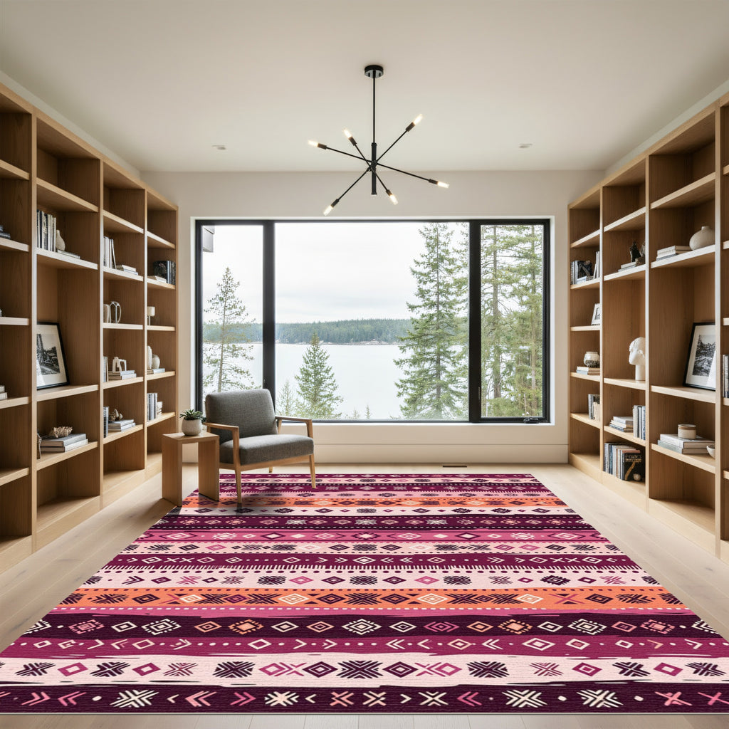 Tribal Maroon Orange Geometric Stripe Rug