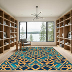 Golden Geometric Interlocking Azure Lattice Rug