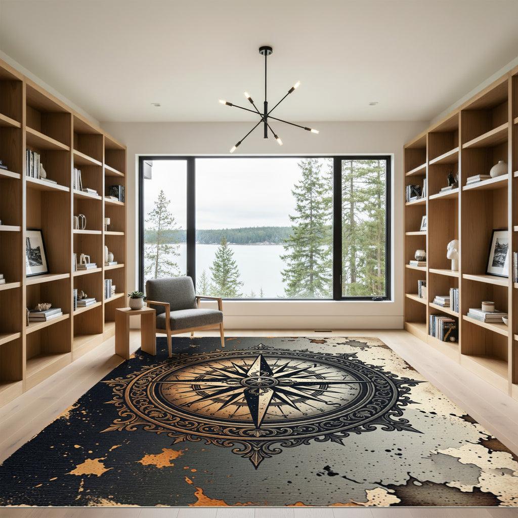 Elegant Gold Compass Nautical Medallion Rug