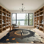 Elegant Gold Compass Nautical Medallion Rug