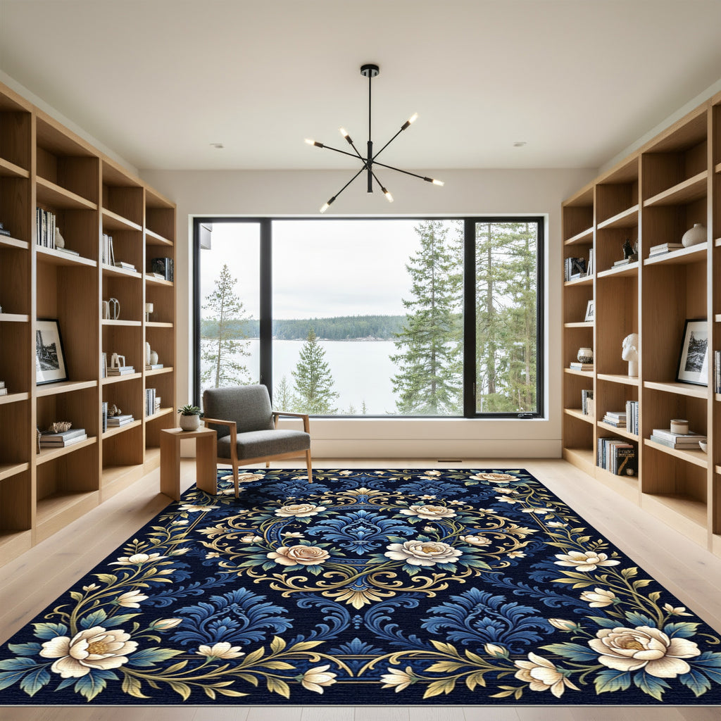 Navy Floral Damask with Golden Accents Rug