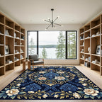 Navy Floral Damask with Golden Accents Rug