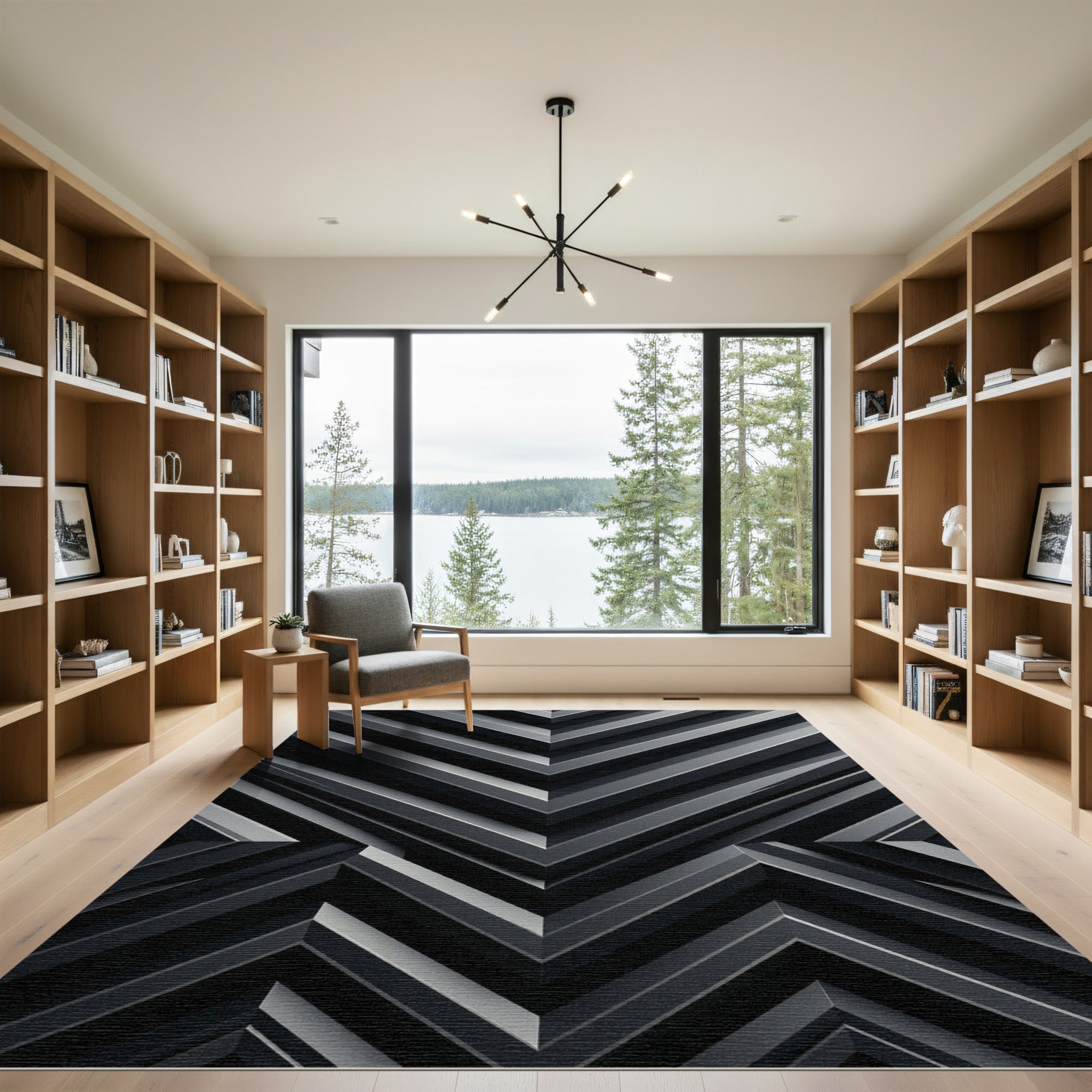 Monochromatic Grey Angular Chevron Geometric Rug