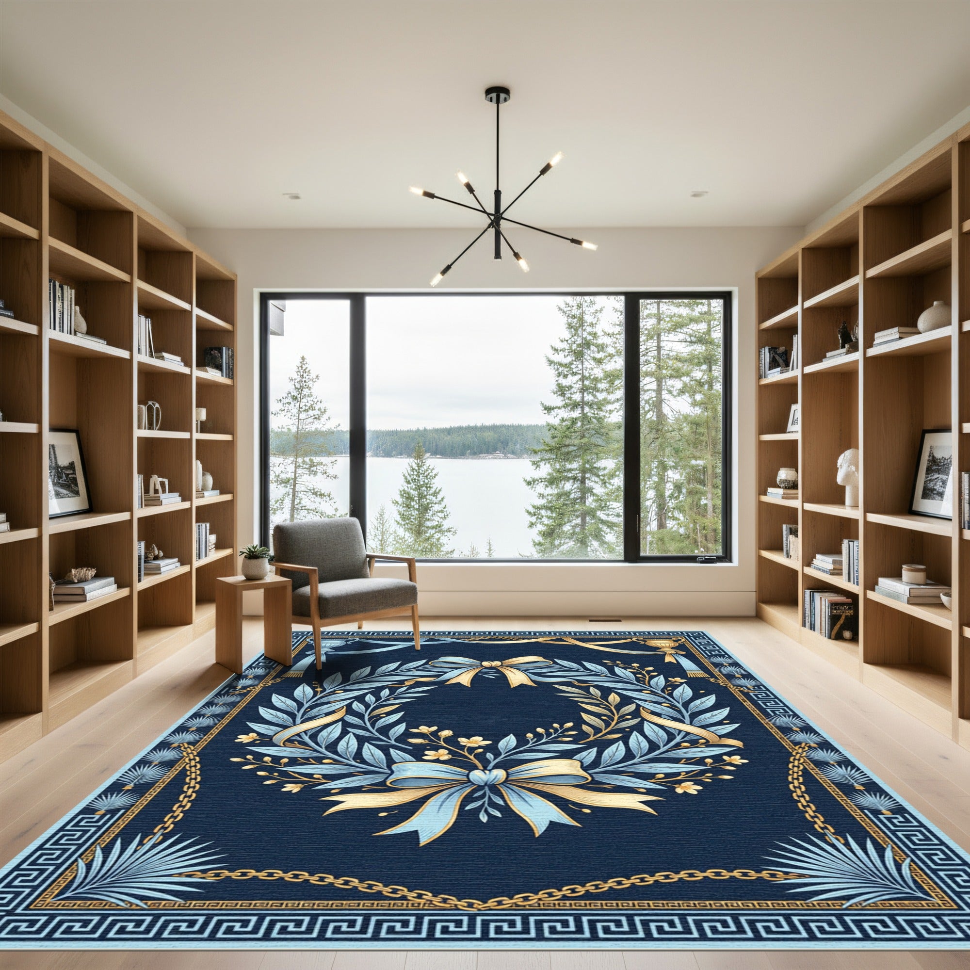 Blue Gold Laurel Wreath Bow Chain Rug