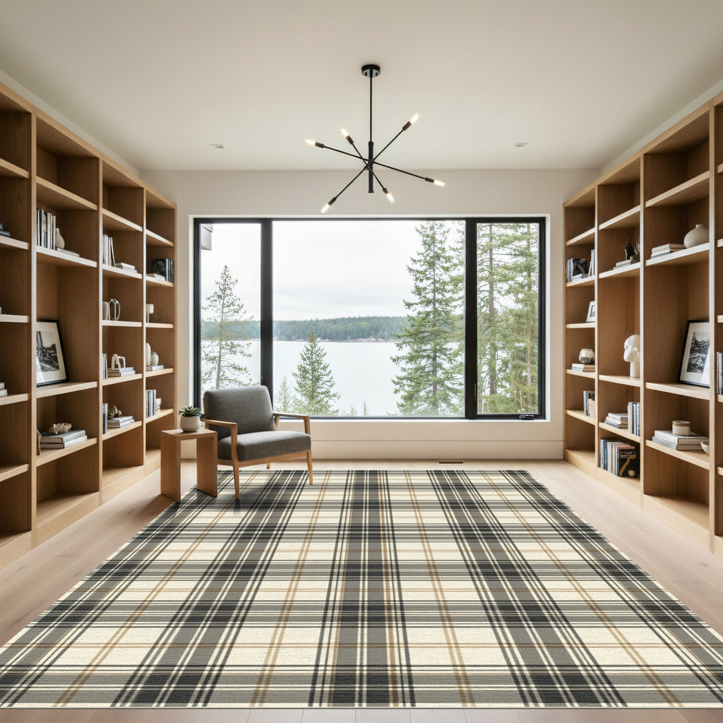 Neutral Cream Brown Black Plaid Rug