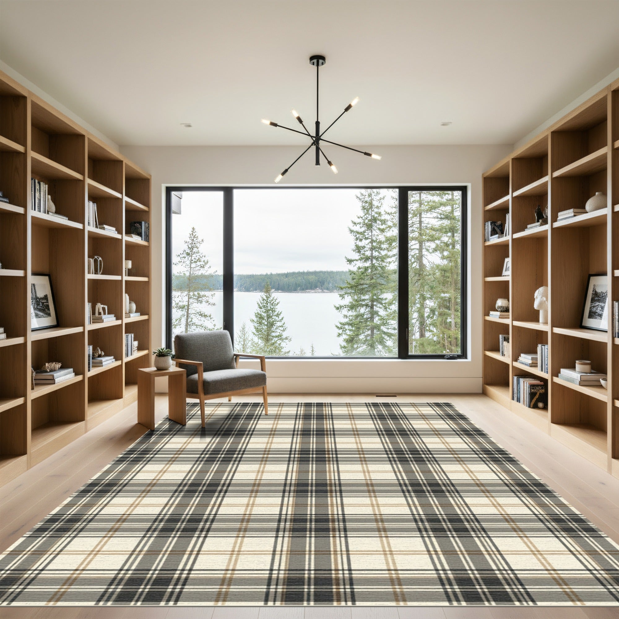 Neutral Cream Brown Black Plaid Rug