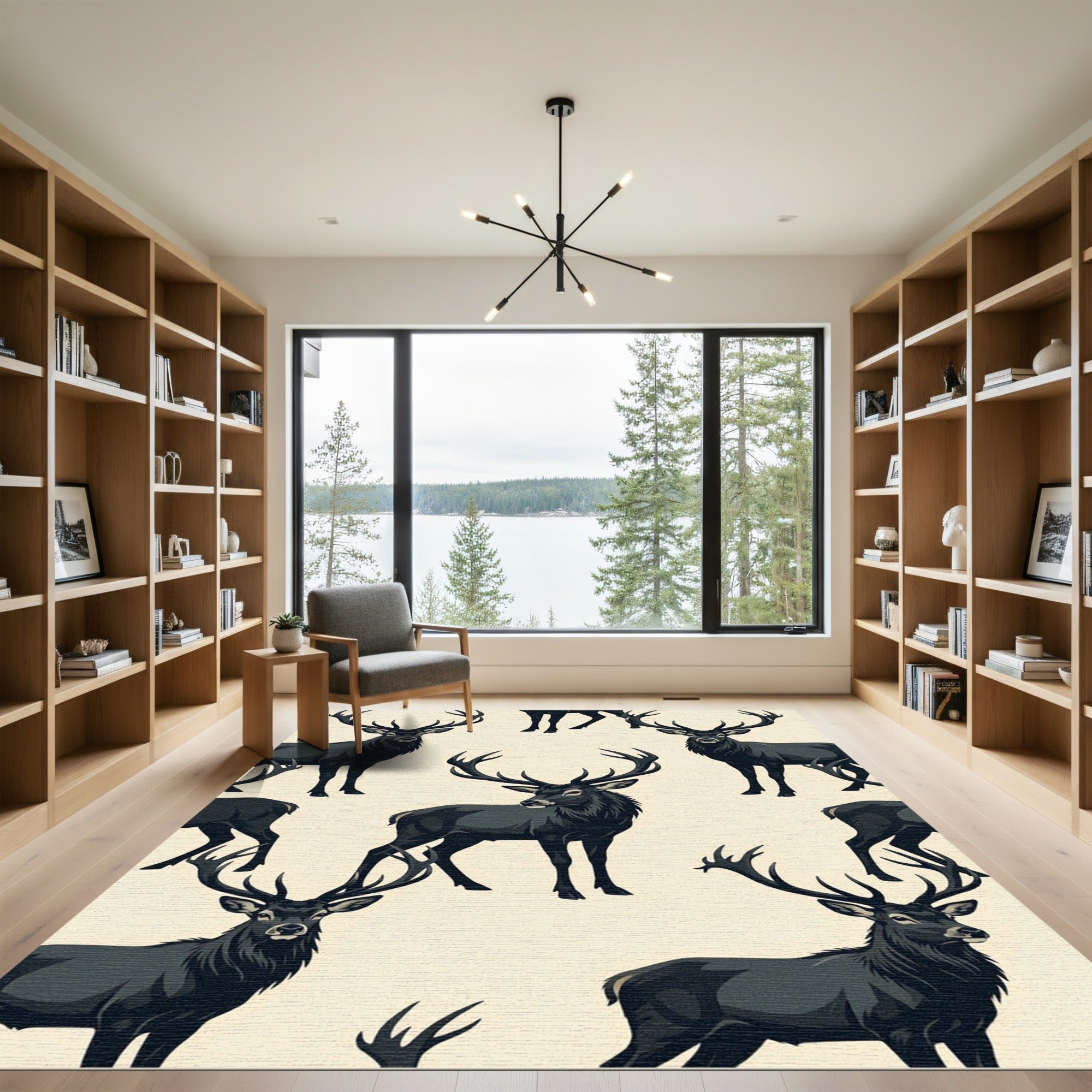 Dark Forest Stag Minimalist Cream Rug