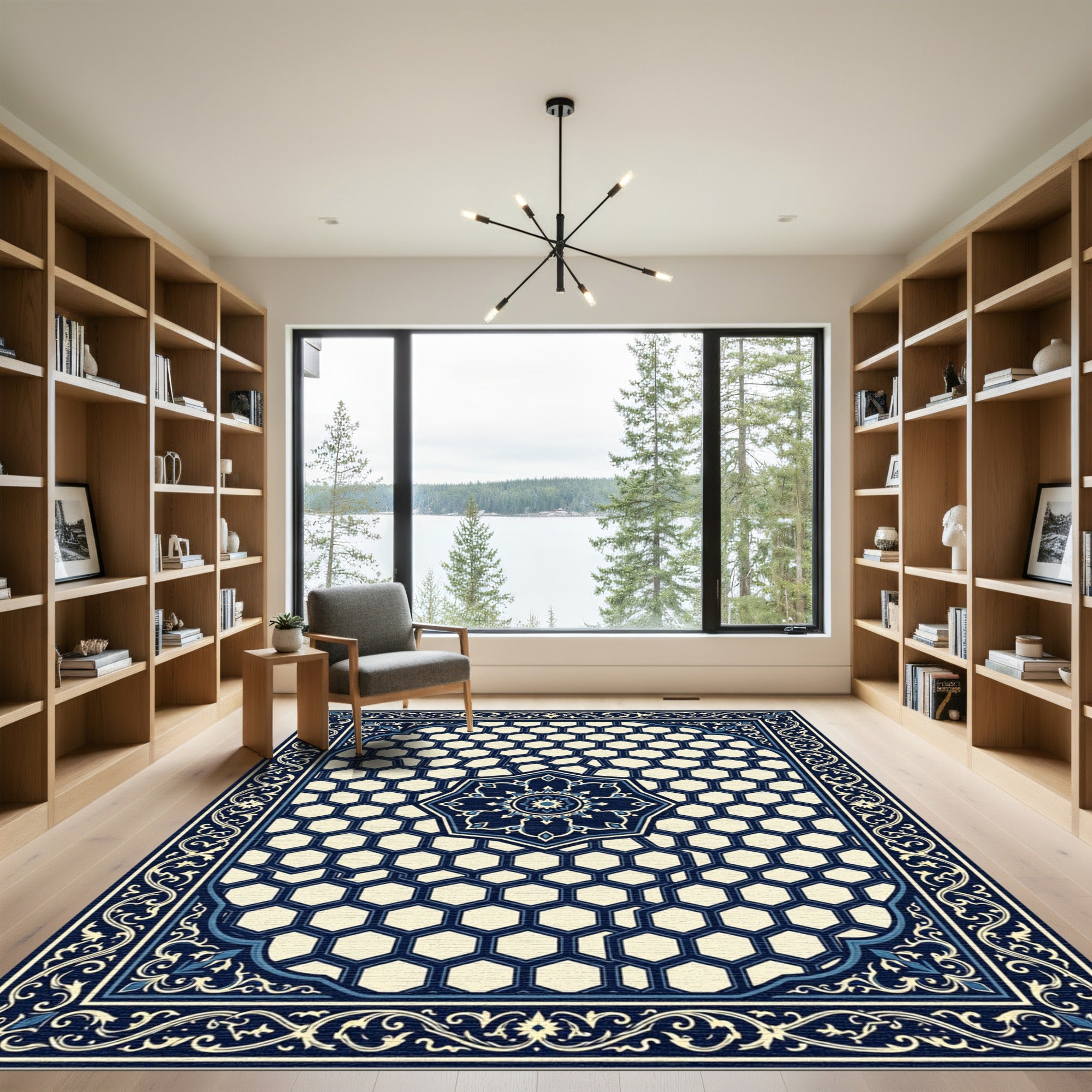 Navy Blue Hexagon Floral Medallion Rug