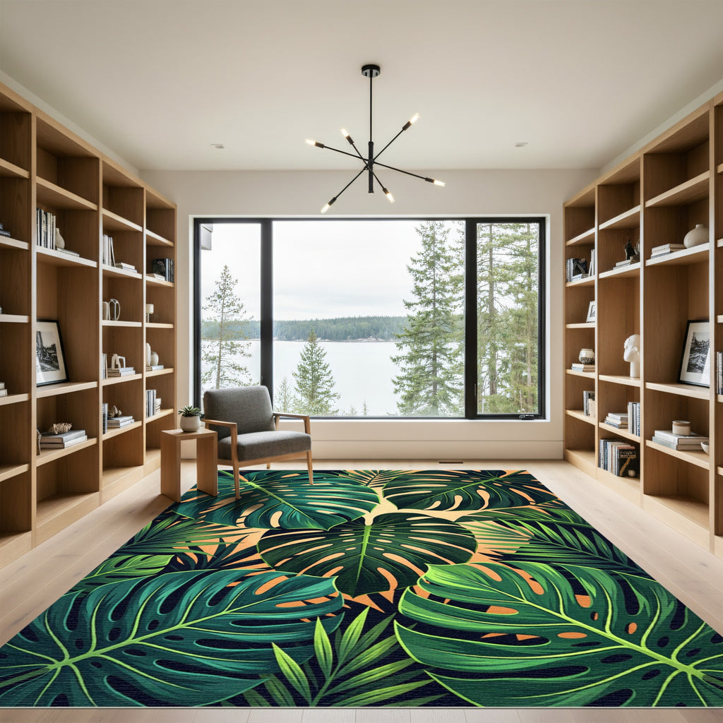 Lush Tropical Monstera Palm Leaves Rug