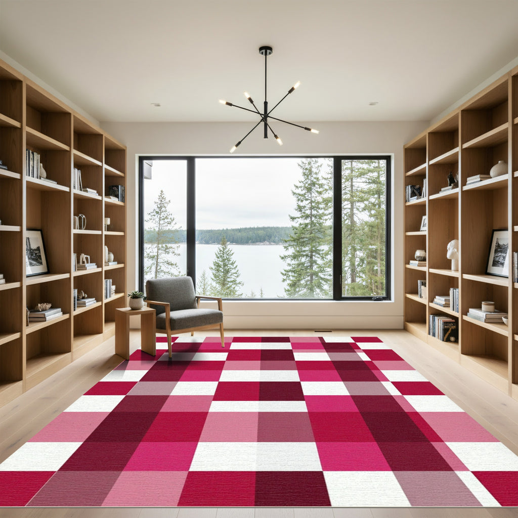 Bold Magenta Checkerboard Geometric Grid Rug