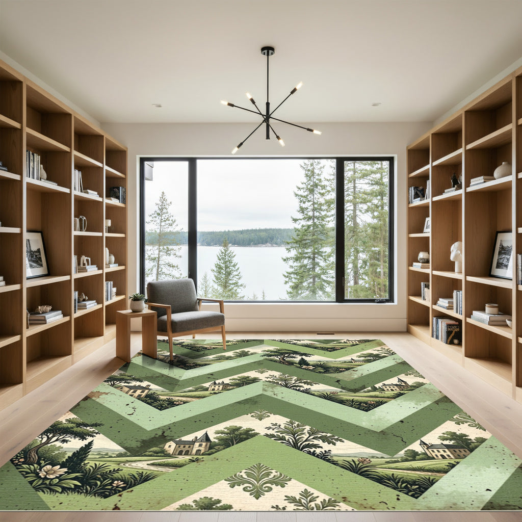 Sage Green Toile Chevron Landscape Scenery Rug