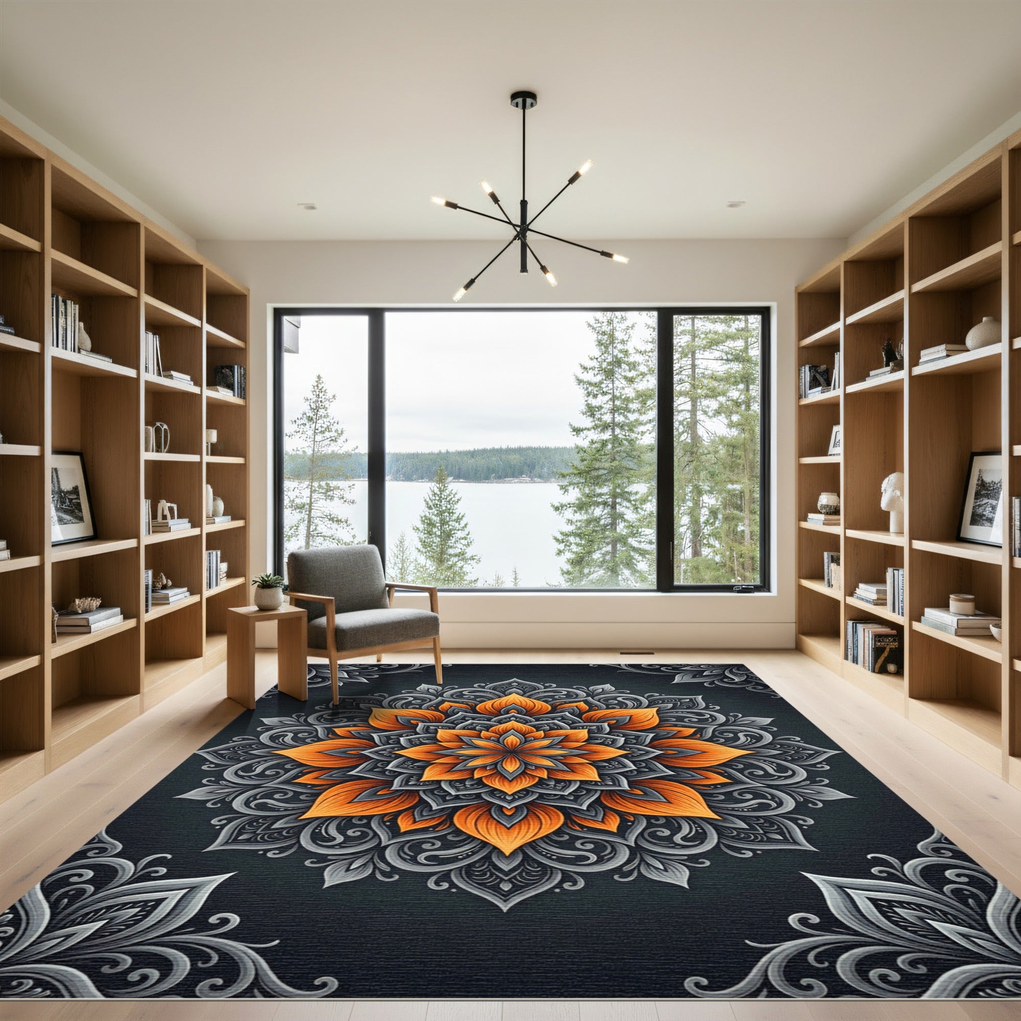 Orange and Silver Floral Mandala Rug