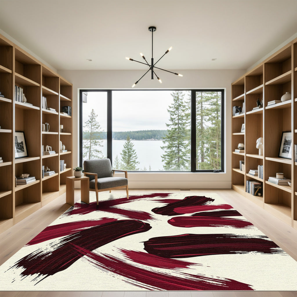Bold Crimson Abstract Brushstroke Rug