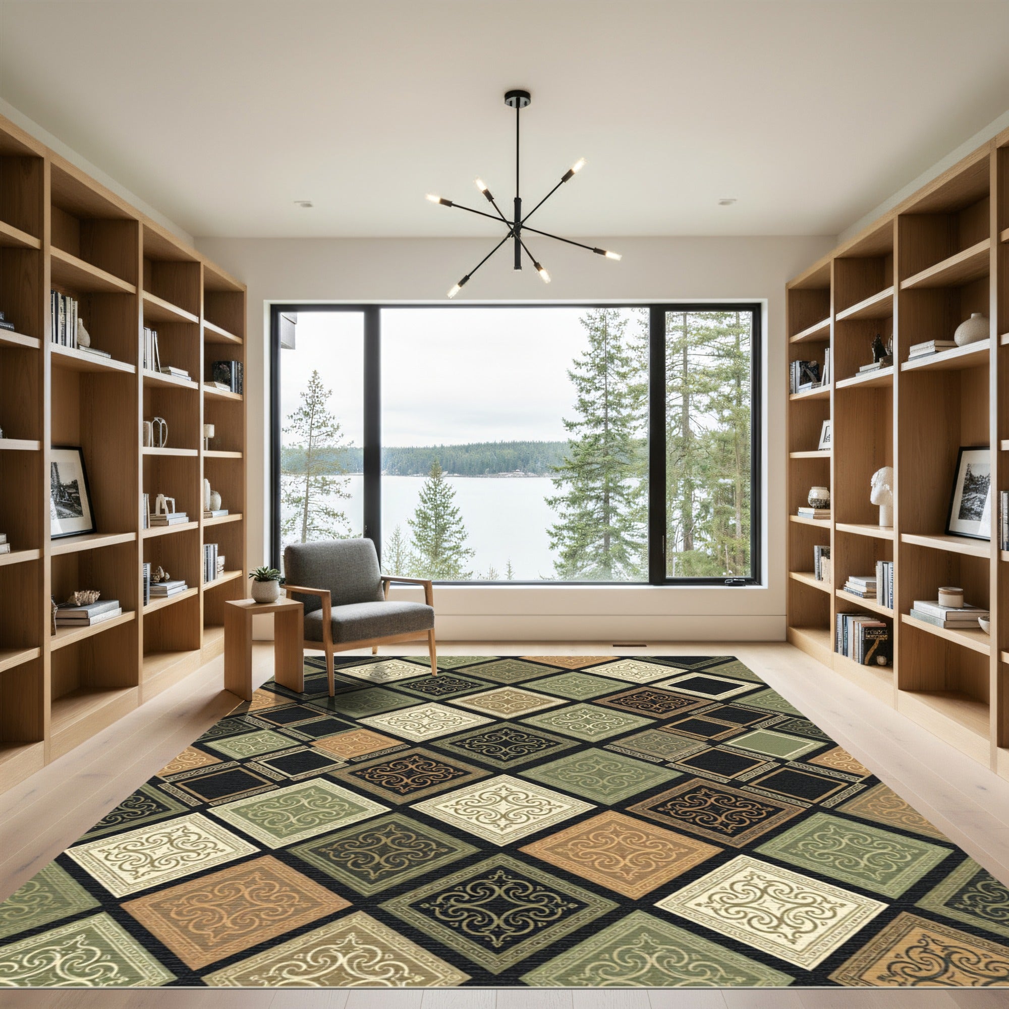 Ornate Earthy Geometric Damask Grid Rug