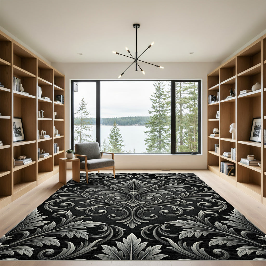 Classic Gray Acanthus Leaf Damask Rug