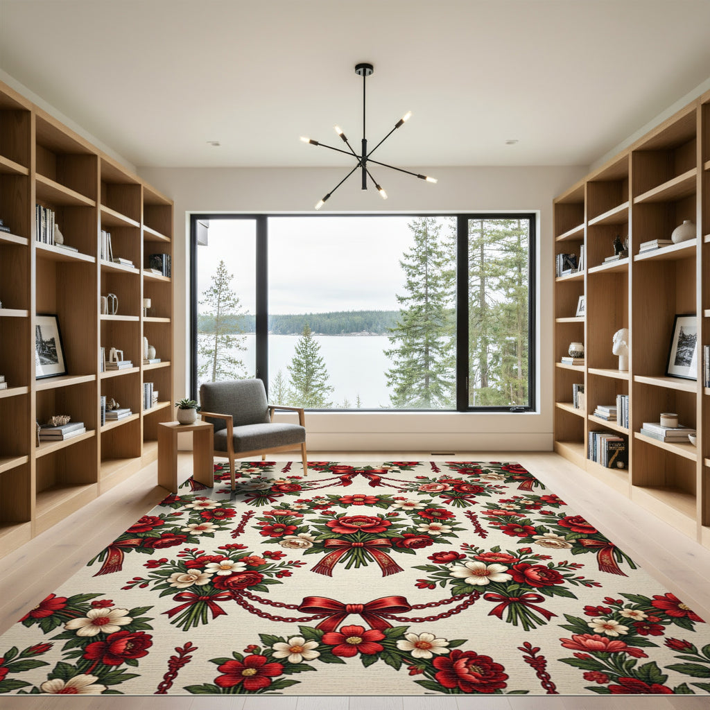 Crimson Red Floral Ribbon Wreath Rug