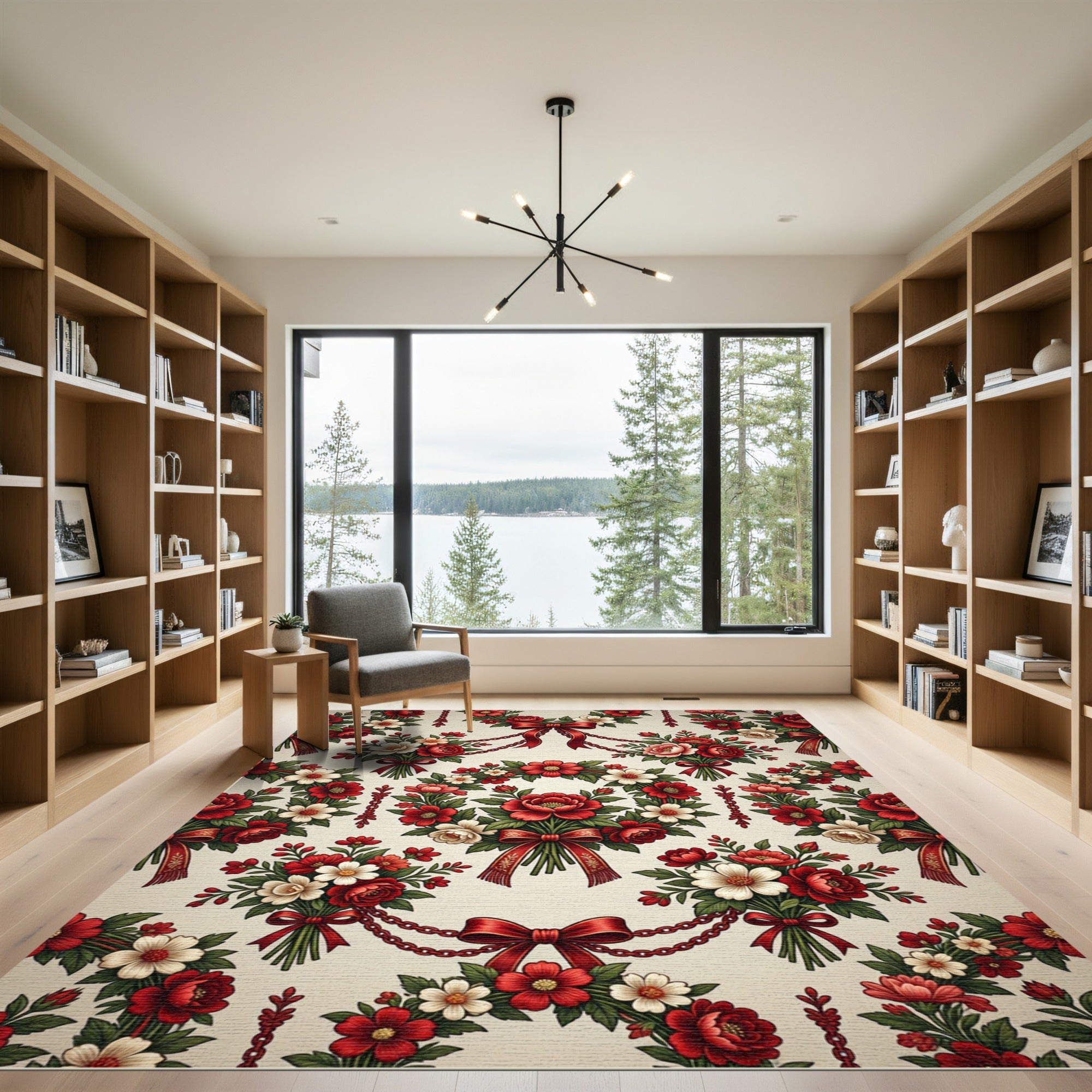 Crimson Red Floral Ribbon Wreath Rug