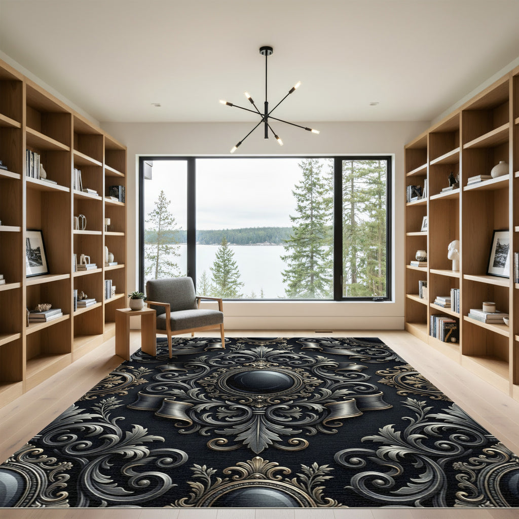 Ornate Black and Gold Palmette Ribbons Rug