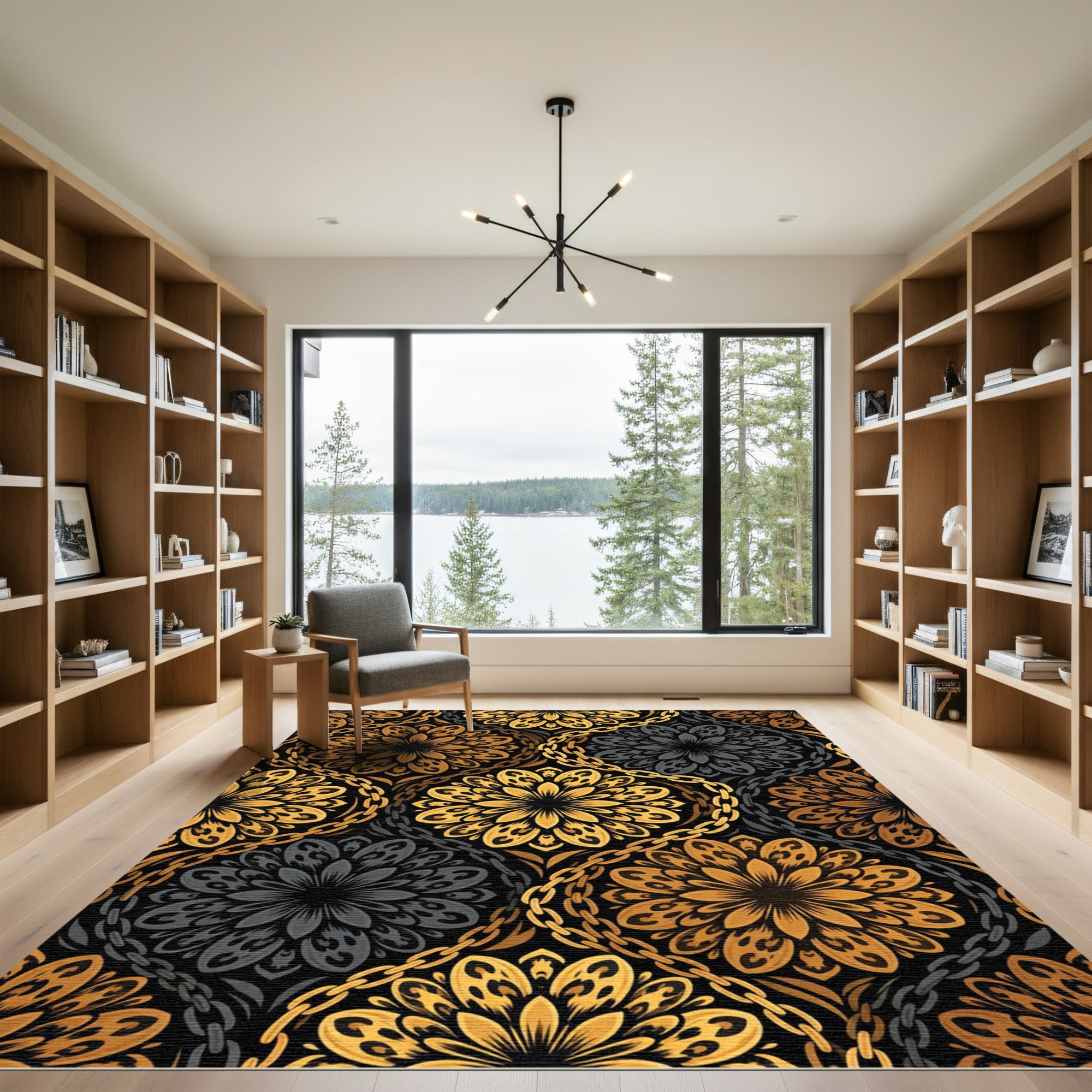 Ornate Gold Black Chain Mandala Rug
