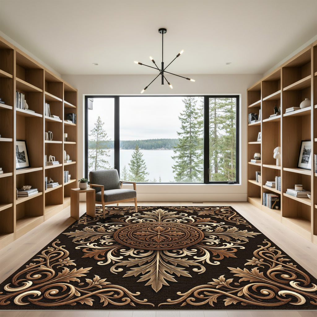 Ornate Floral Medallion Sepia Tones Rug