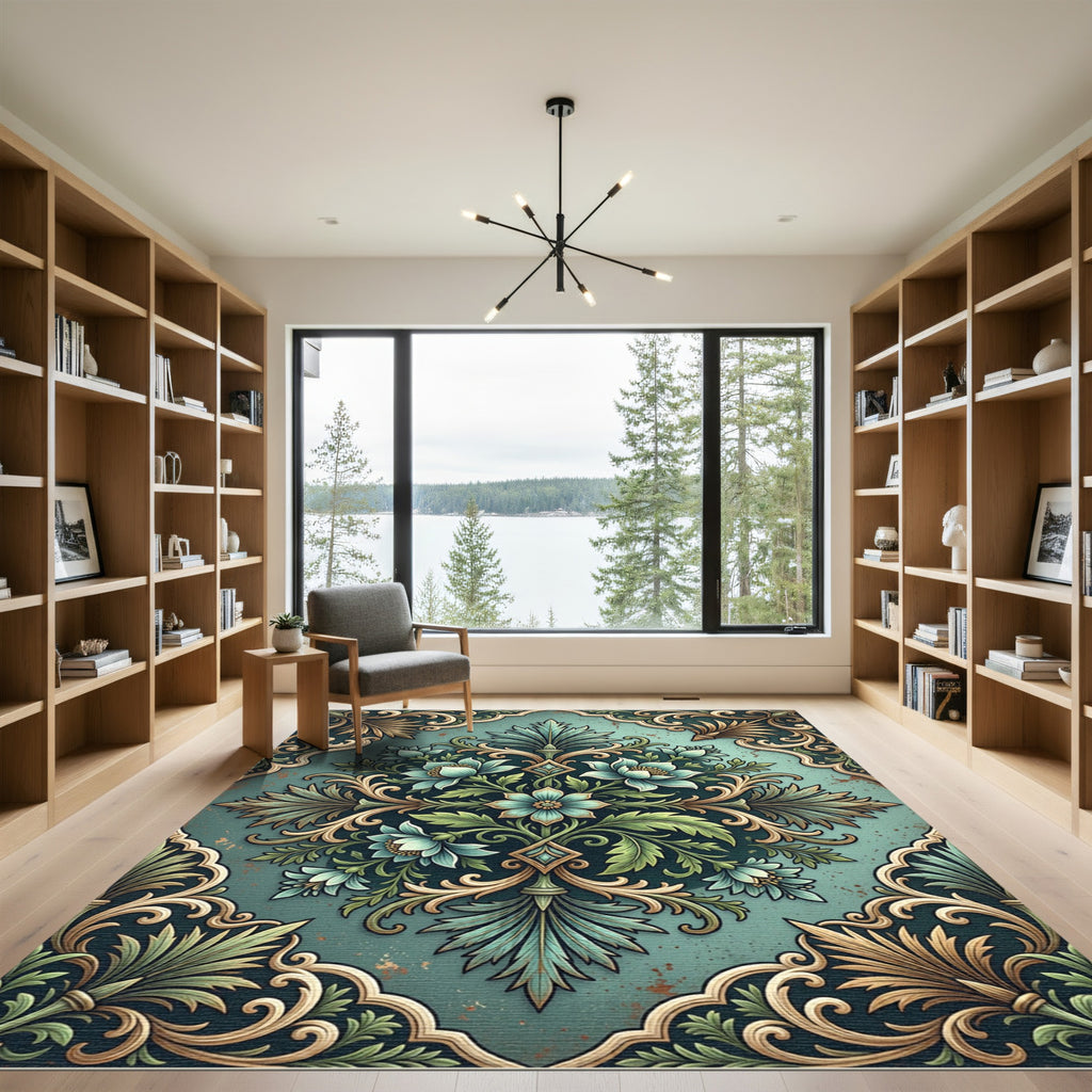 Teal Floral Scrollwork Vintage Medallion Rug