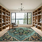 Teal Floral Scrollwork Vintage Medallion Rug