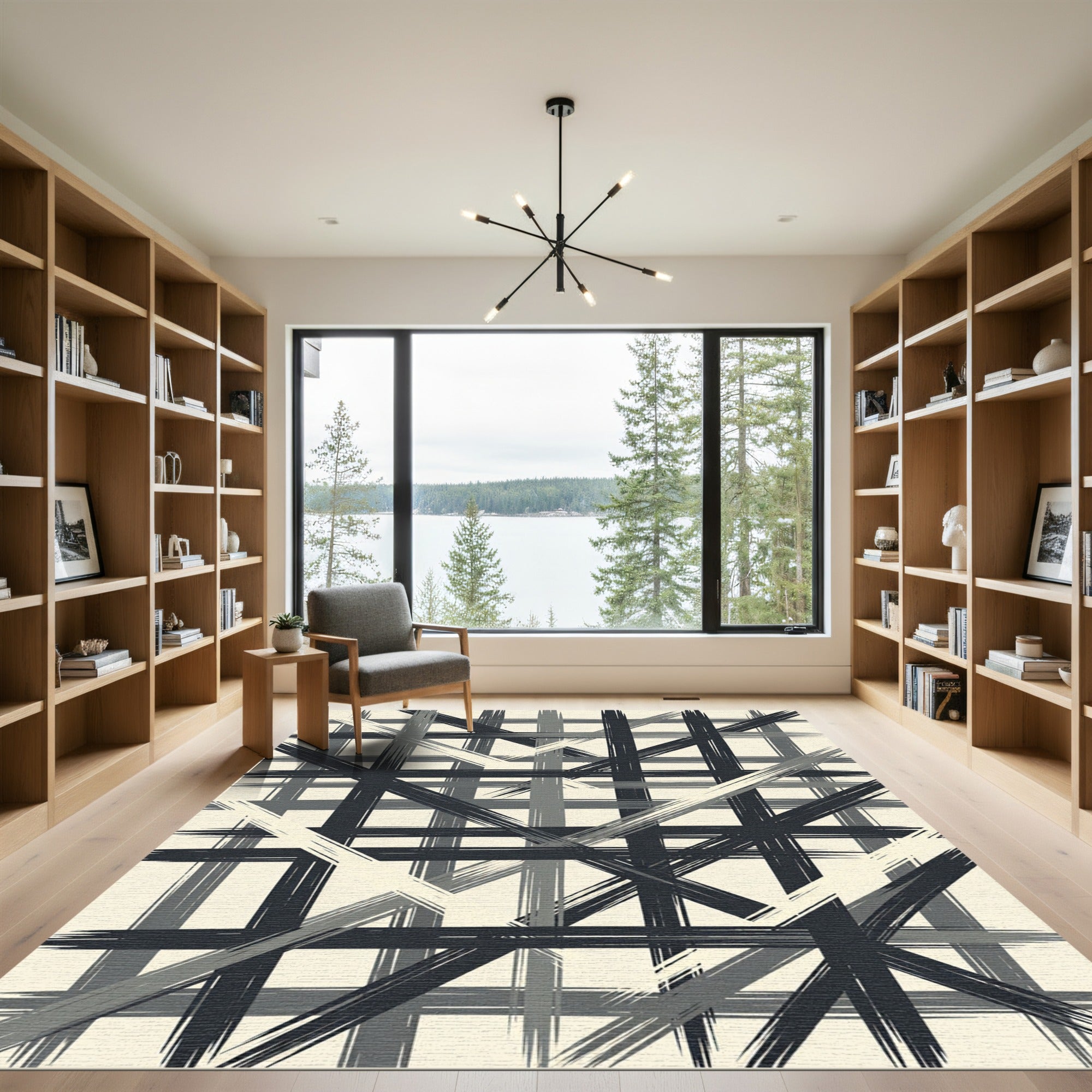 Abstract Black Gray Brushstroke Plaid Rug