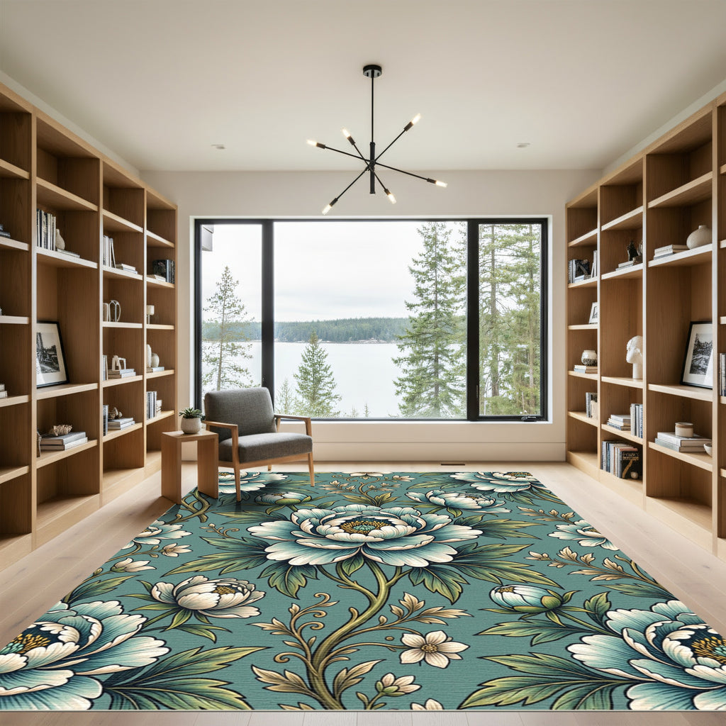 Ethereal Blue Peony Botanical Illustration Rug