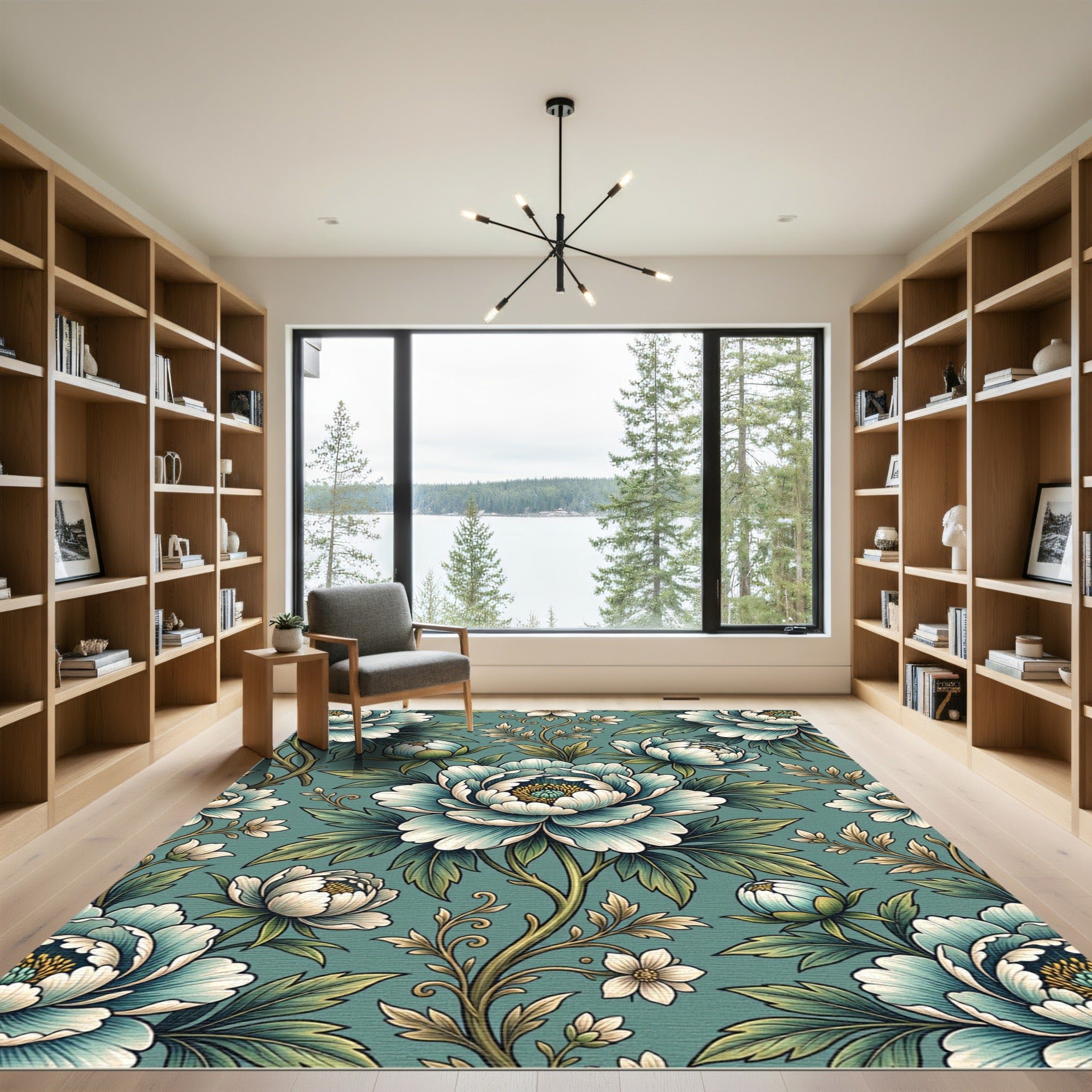 Ethereal Blue Peony Botanical Illustration Rug