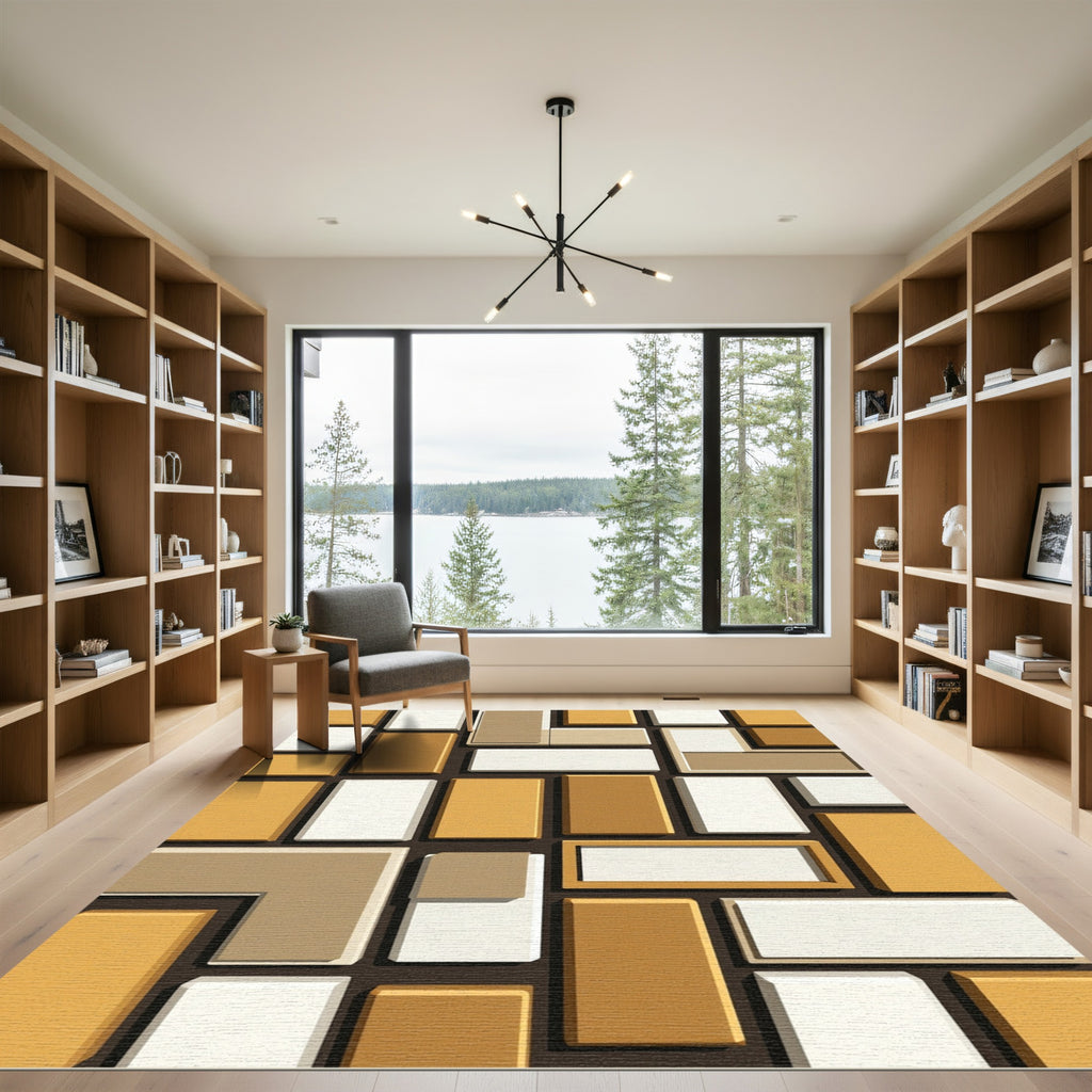 Modern Ochre Geometric Rectangles Rug