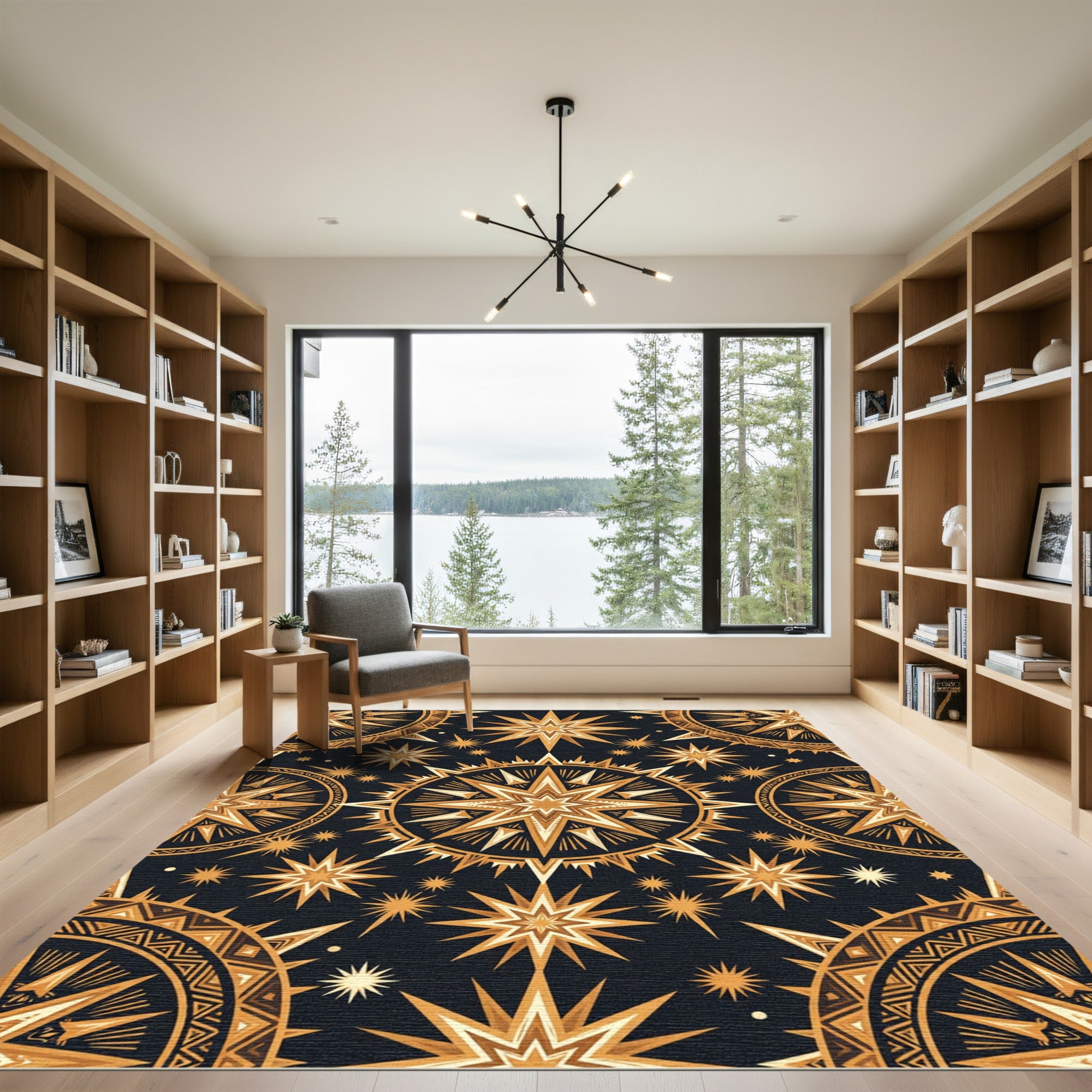Celestial Golden Starburst Geometric Black Rug