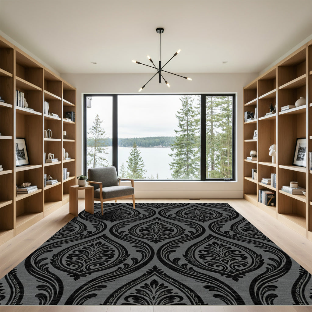 Black Floral Damask Gray Background Rug