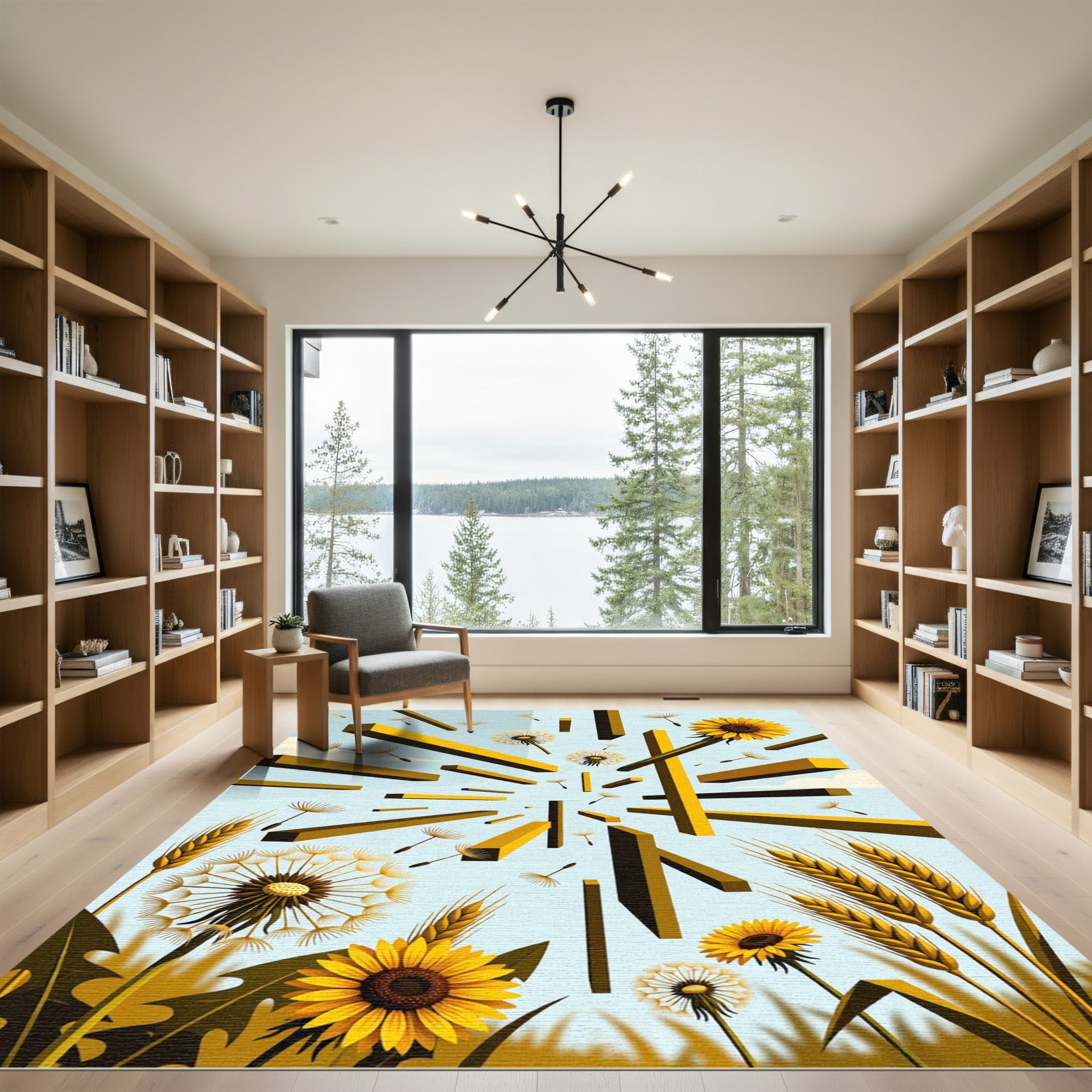 Golden Sunflower Dandelion Abstract Geometric Landscape Rug