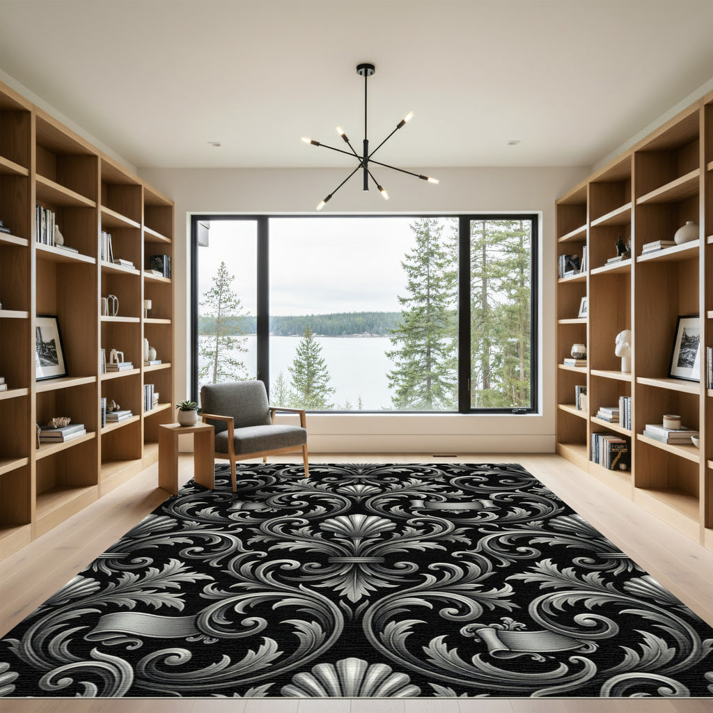 Ornate Silver Scrollwork Floral Rug