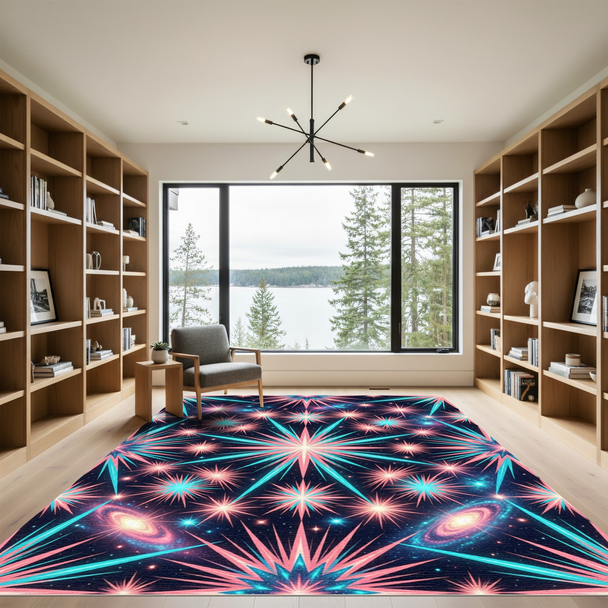 Cosmic Neon Starburst Geometric Galaxy Rug