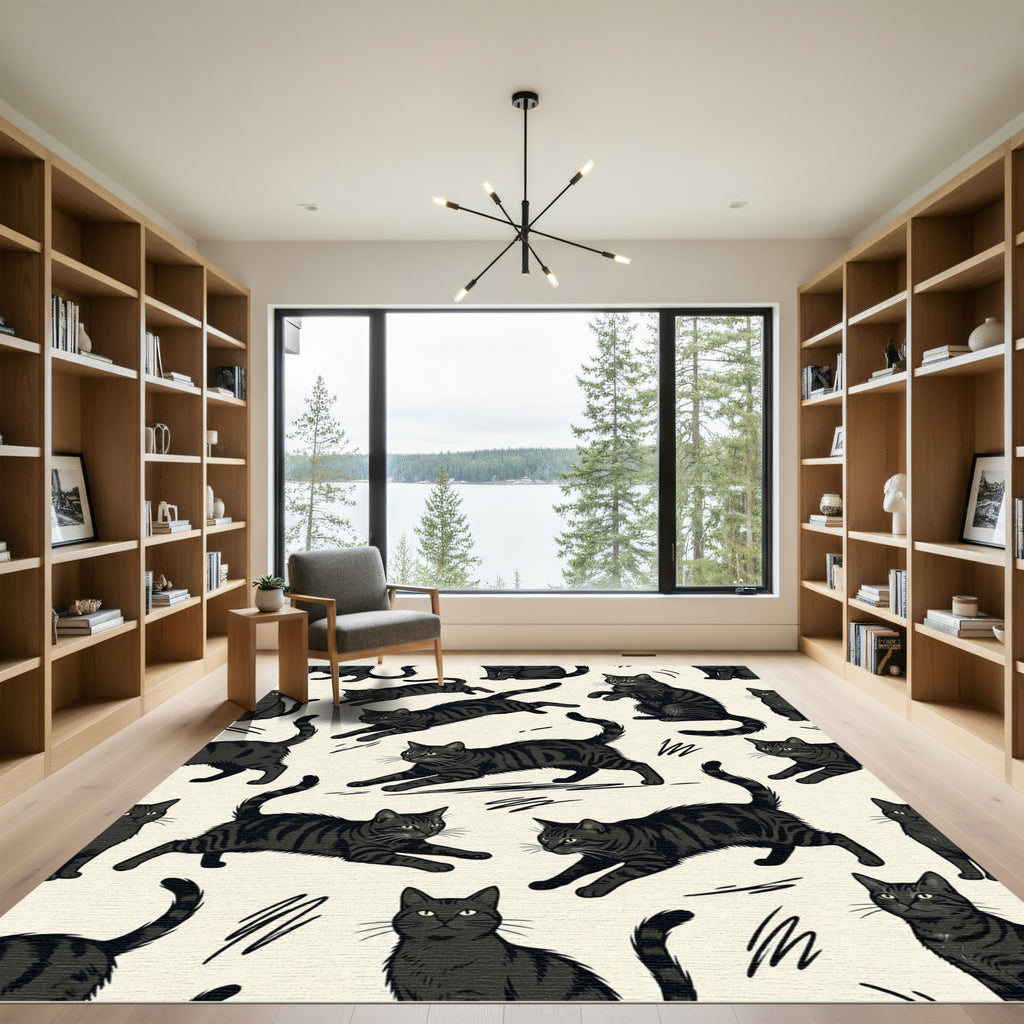 Whimsical Black Tabby Cat Illustration Rug