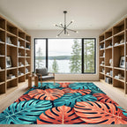 Bold Coral Teal Tropical Monstera Leaves Rug