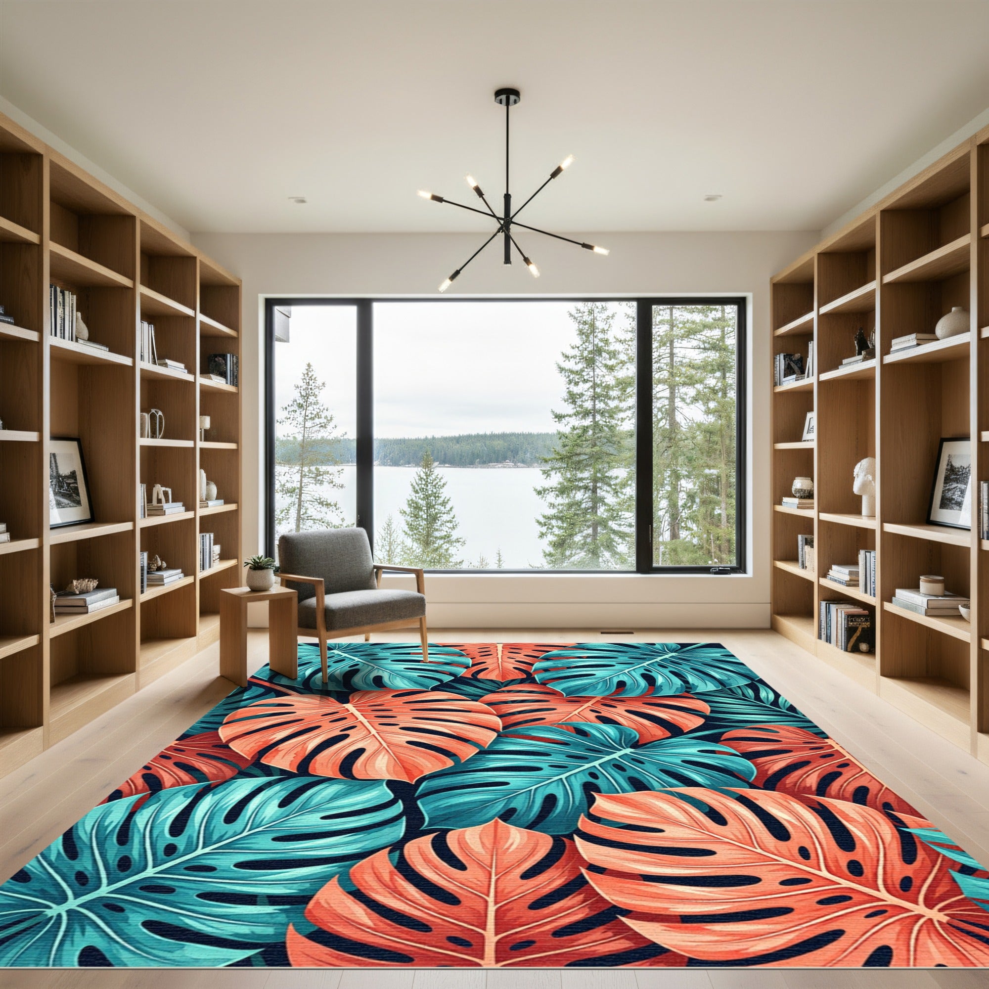 Bold Coral Teal Tropical Monstera Leaves Rug