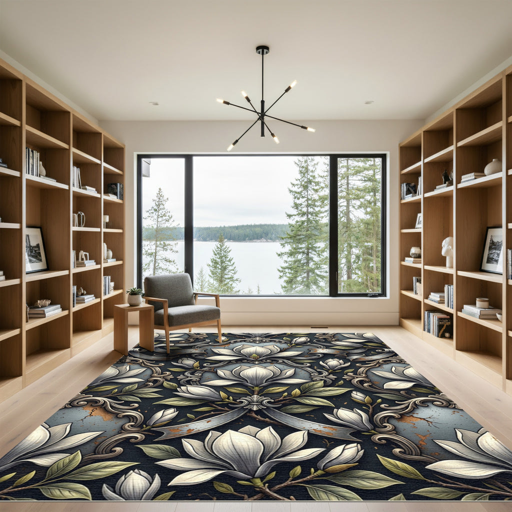 Antique White Magnolia Floral Scroll Rug