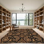 Ornate Gold Paisley Black Floral Rug
