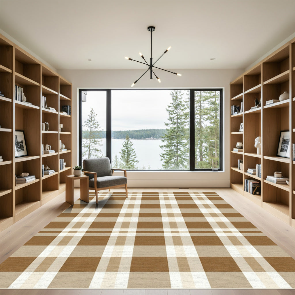 Earthy Tan and Brown Plaid Check Rug