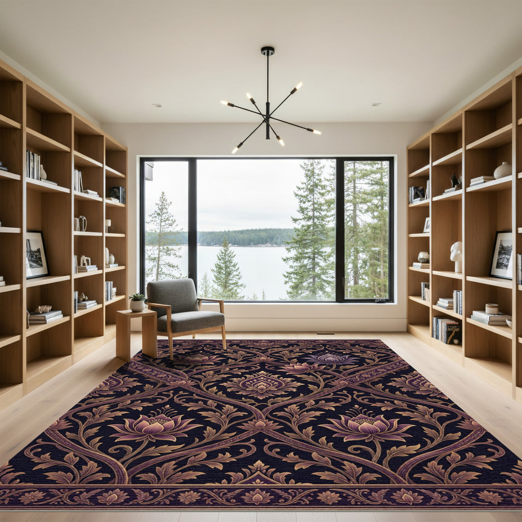 Elegant Violet Floral Damask Scroll Rug