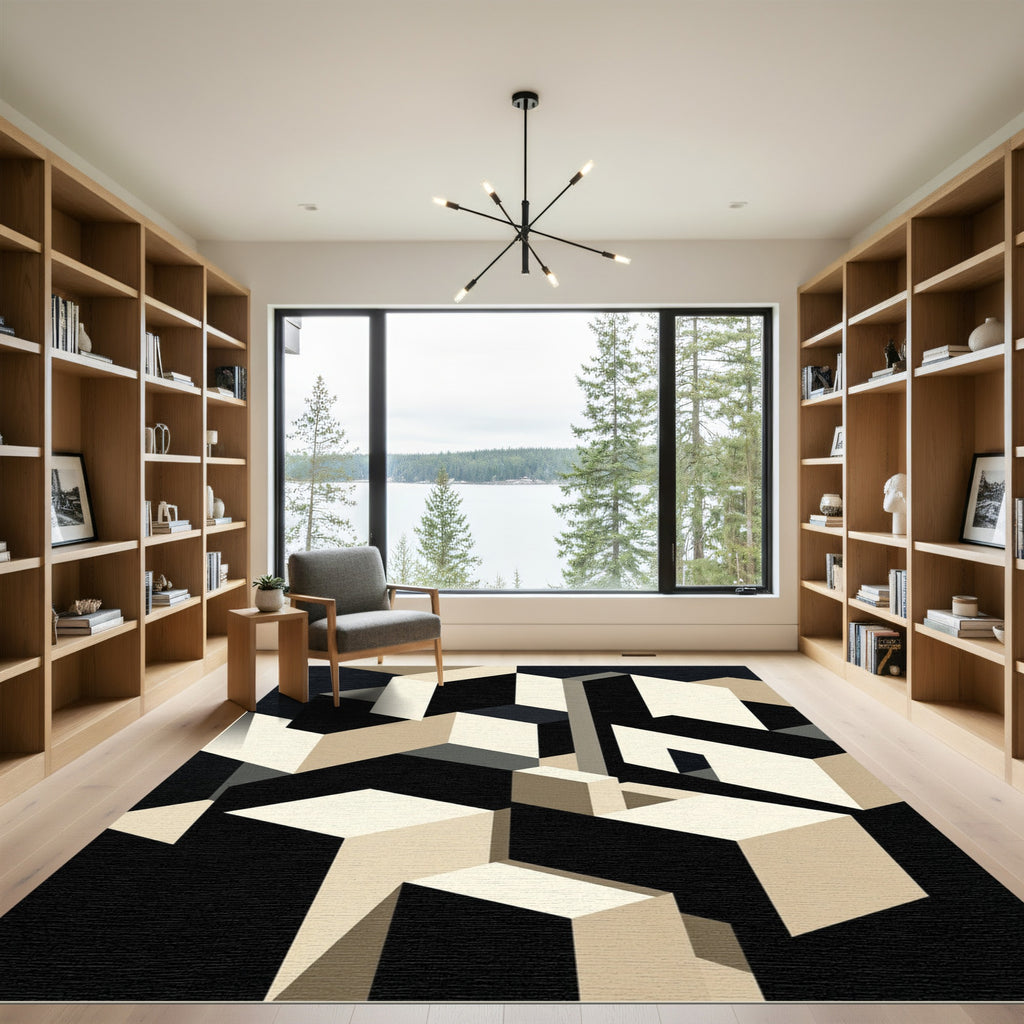 Minimalist Beige and Black Geometric Cubist Rug