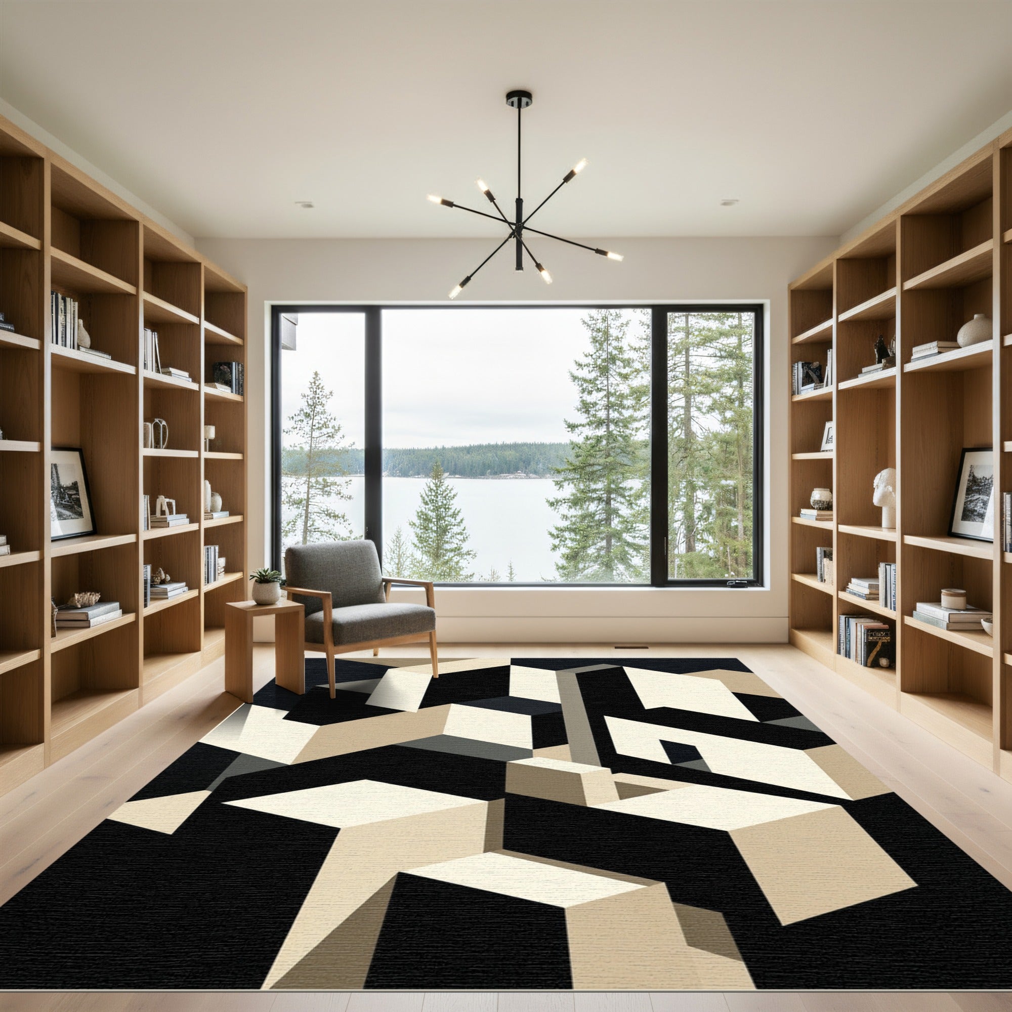 Minimalist Beige and Black Geometric Cubist Rug