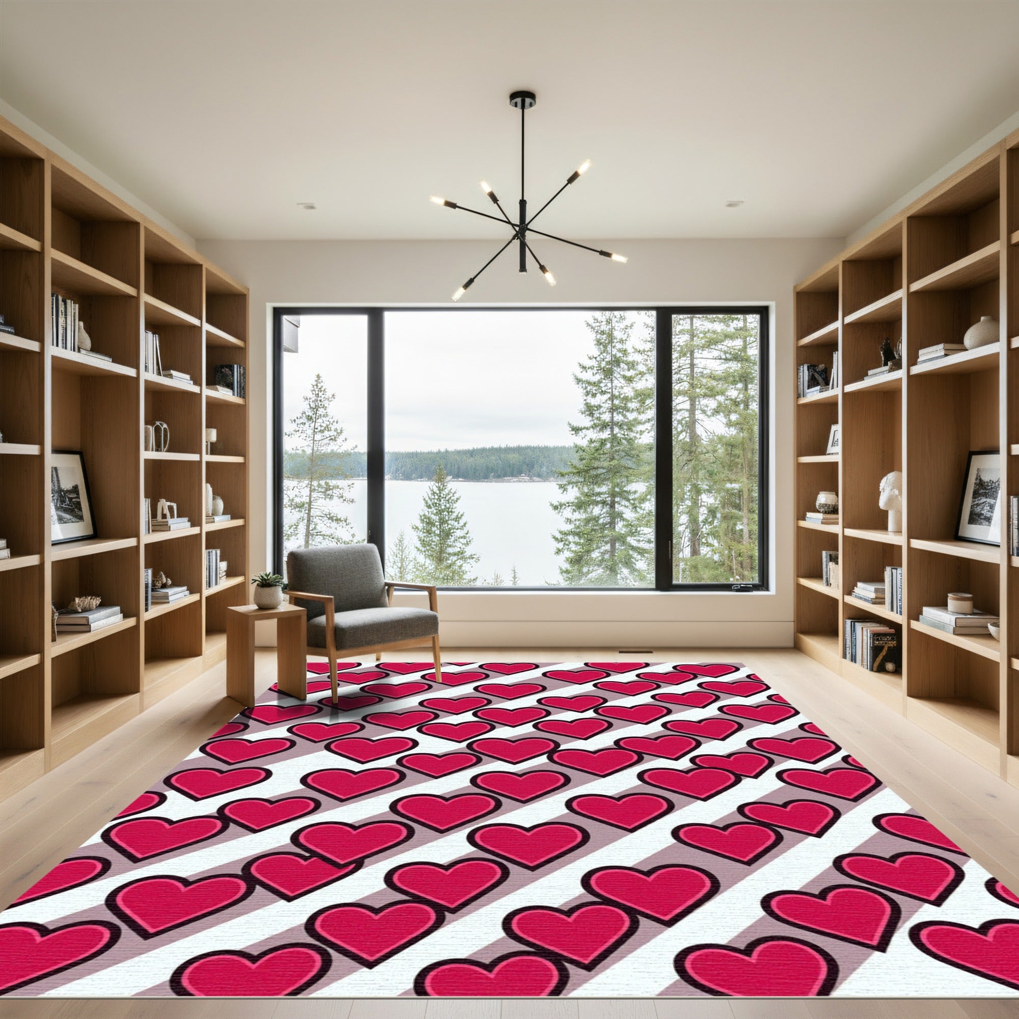 Red Heart Diagonal Striped Design Rug