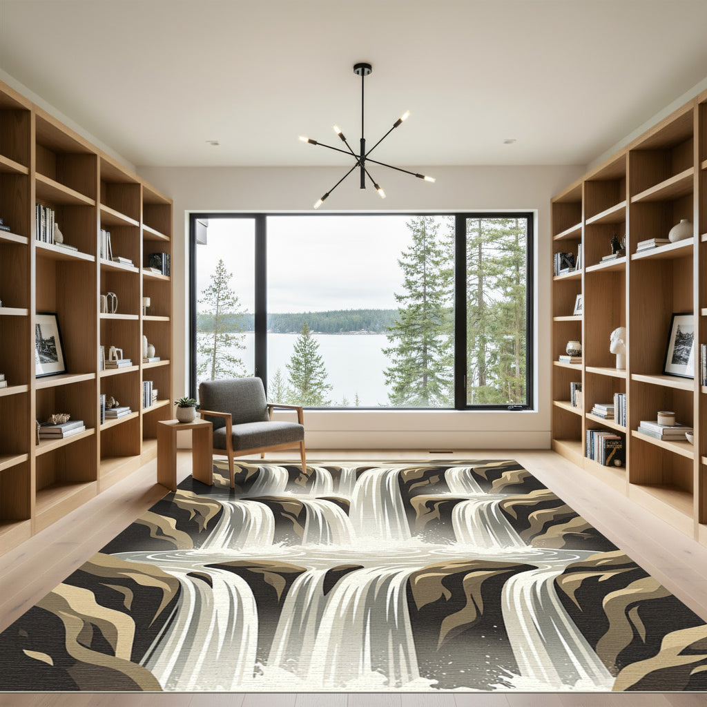 Cascading Neutral Cascade Cliff Waterfall Art Rug