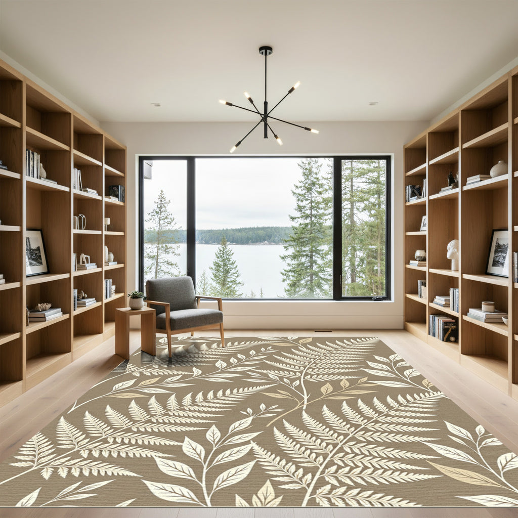 Neutral Taupe Botanical Fern Leaf Rug