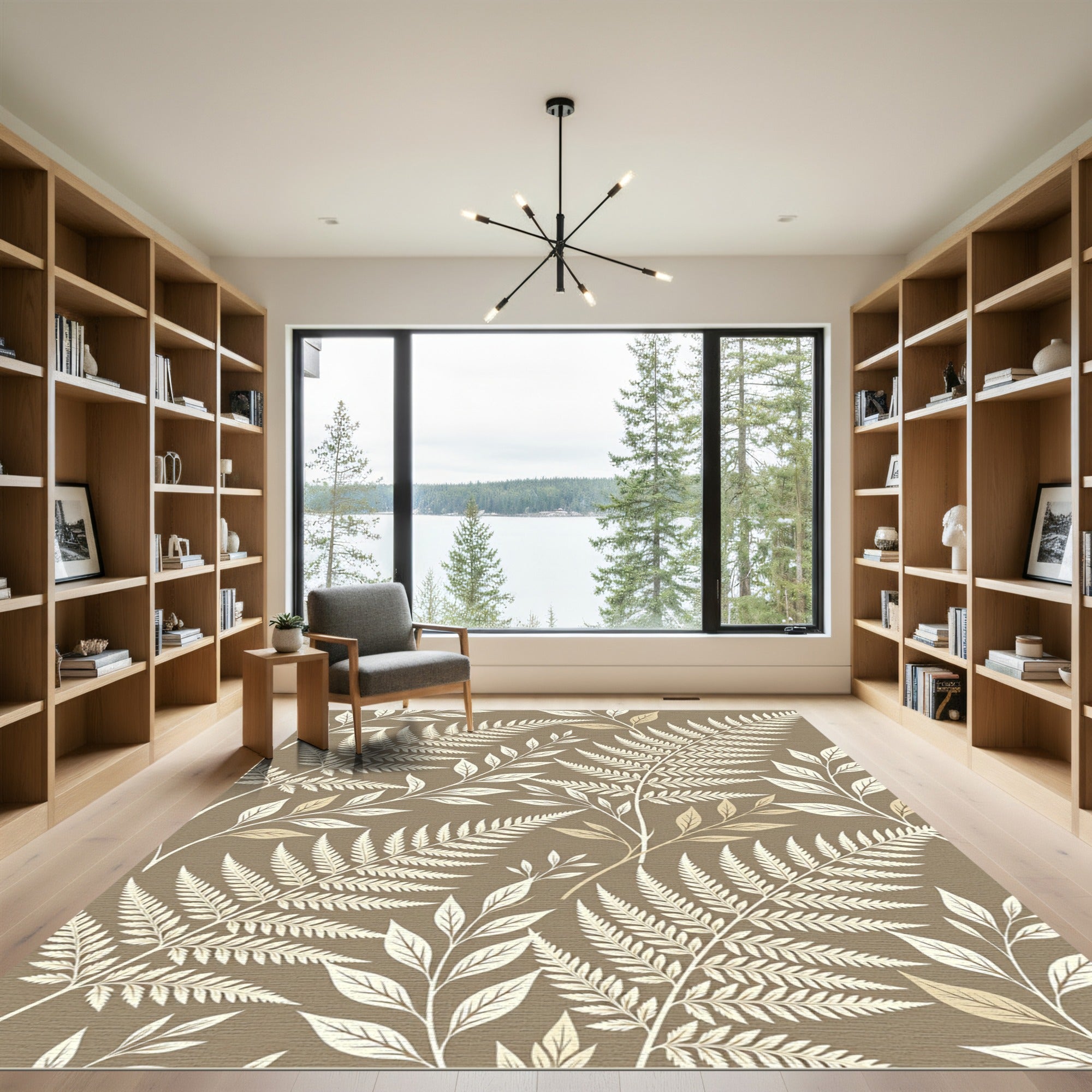 Neutral Taupe Botanical Fern Leaf Rug