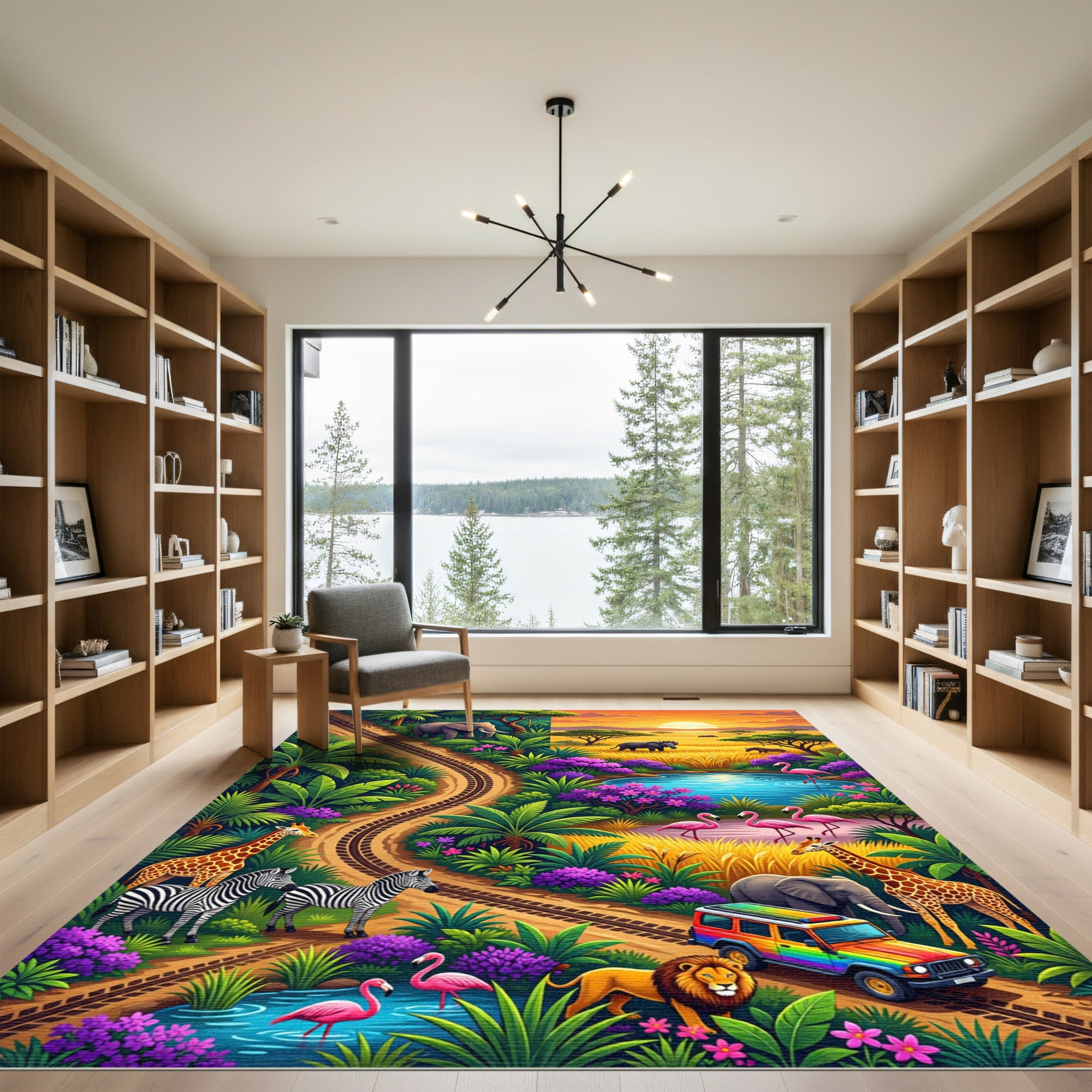 Vibrant Sunset African Safari Wildlife Landscape Rug