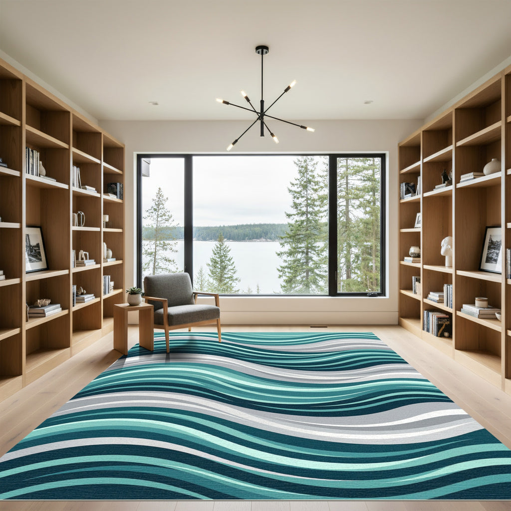 Teal Aqua Grey Wavy Stripes Rug